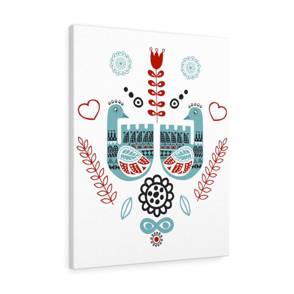 Scandinavian Nordic Folk Art Blue & Red Love Birds Canvas Gallery Wrap | lovevisionkarma.com