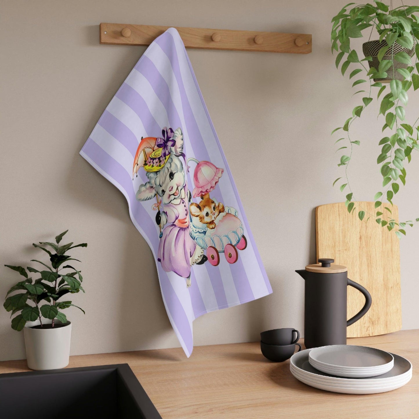Vintage Easter Lamb and Bunny Kitschy Cute Lilac Kitchen Tea Towel | lovevisionkarma.com