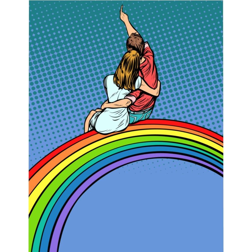 "Couple Sitting on Rainbow" Comic Pop Art Duvet Cover | lovevisionkarma.com