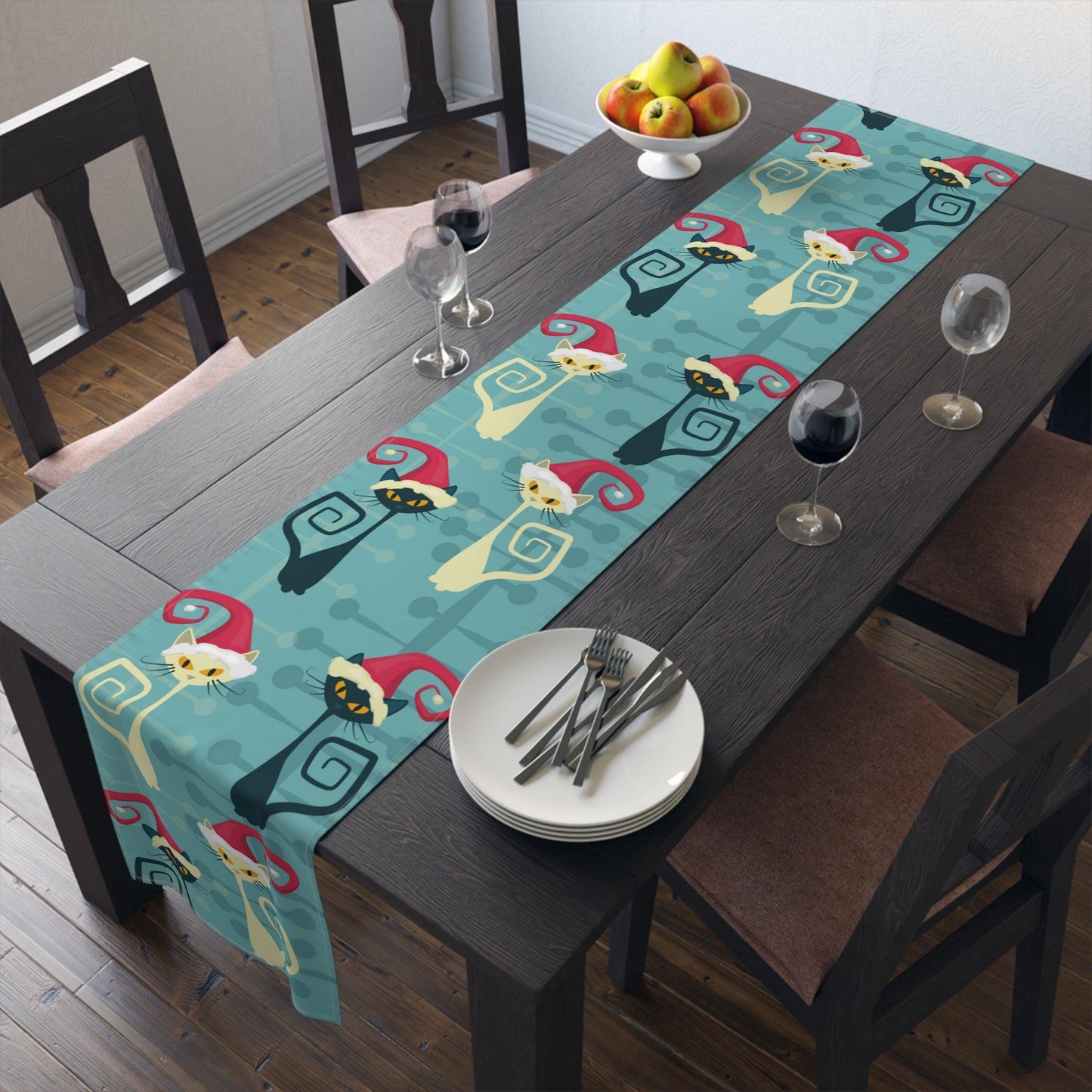 Christmas Atomic Cat Mid Century Modern Table Runner Blue Retro Table Linens | lovevisionkarma.com