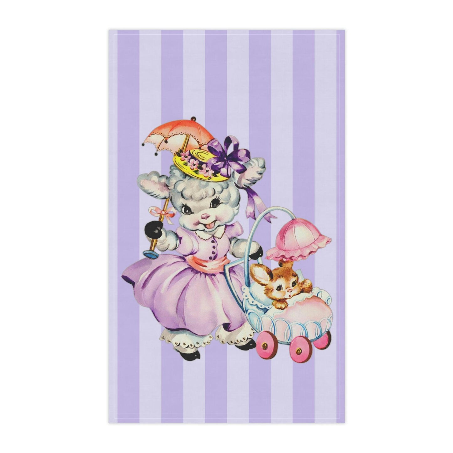 Vintage Easter Lamb and Bunny Kitschy Cute Lilac Kitchen Tea Towel | lovevisionkarma.com