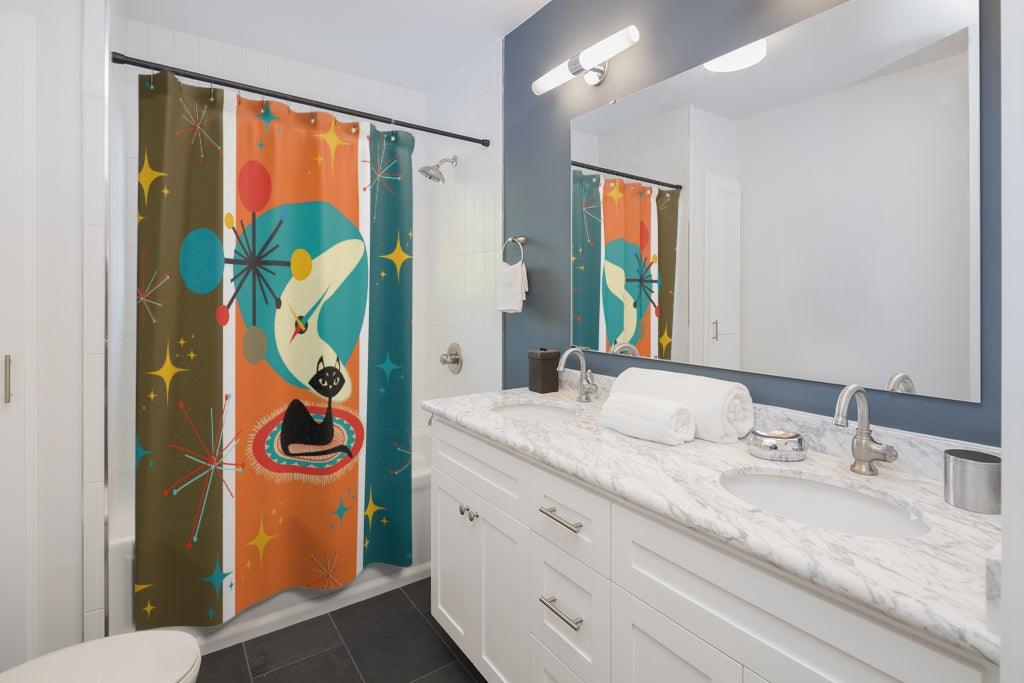 Atomic Burst and Retro Cat MCM Multicolor Shower Curtain | lovevisionkarma.com