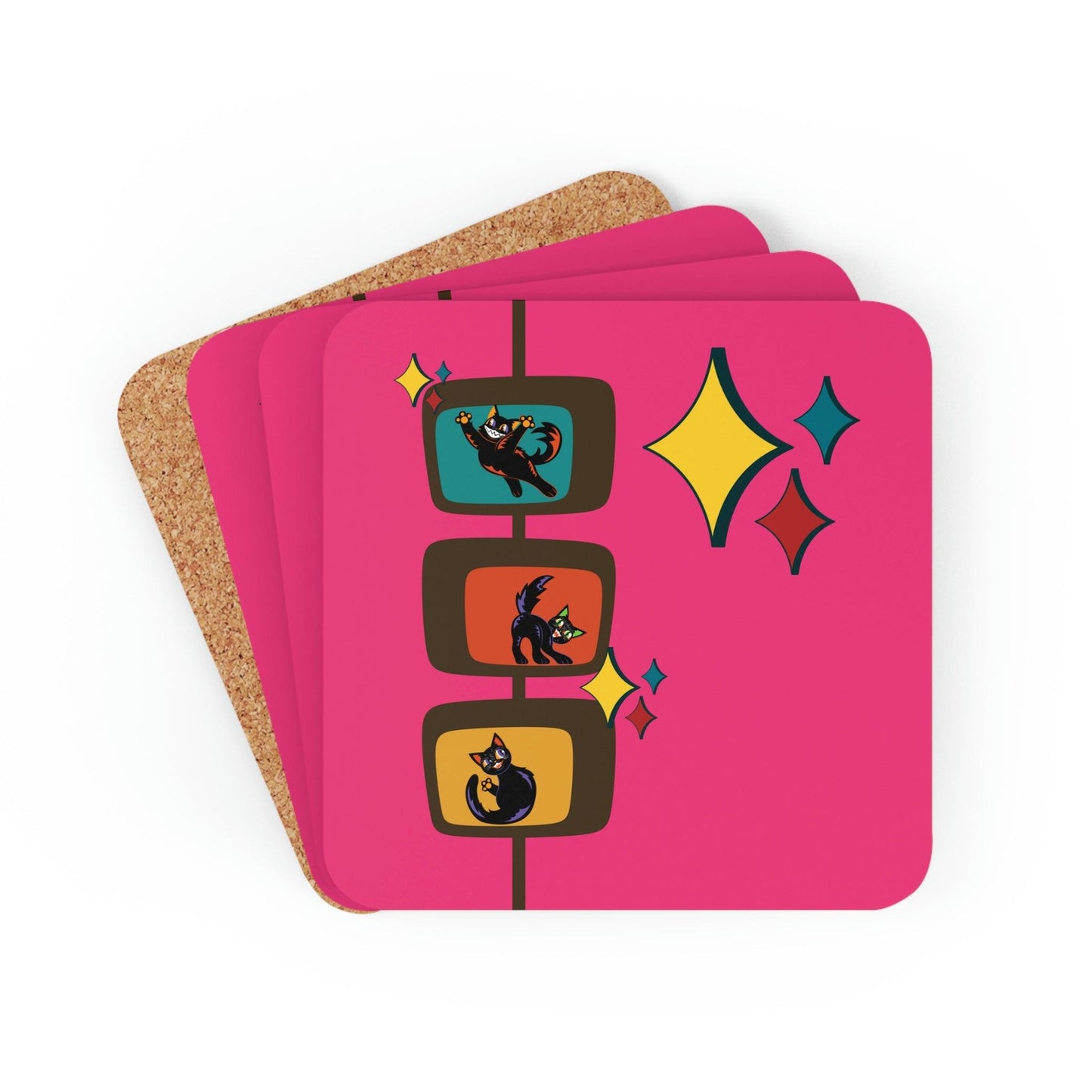 Retro Atomic Cats MCM Starburst Pink Coaster Set | lovevisionkarma.com
