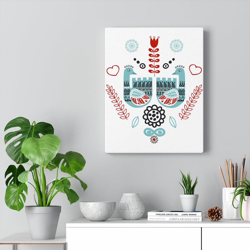 Scandinavian Nordic Folk Art Blue & Red Love Birds Canvas Gallery Wrap | lovevisionkarma.com