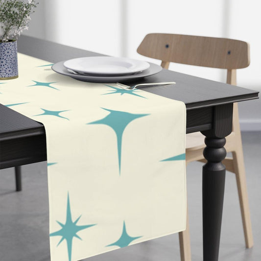 Retro 50s Atomic Starburst MCM Cream & Blue Table Runner | lovevisionkarma.com