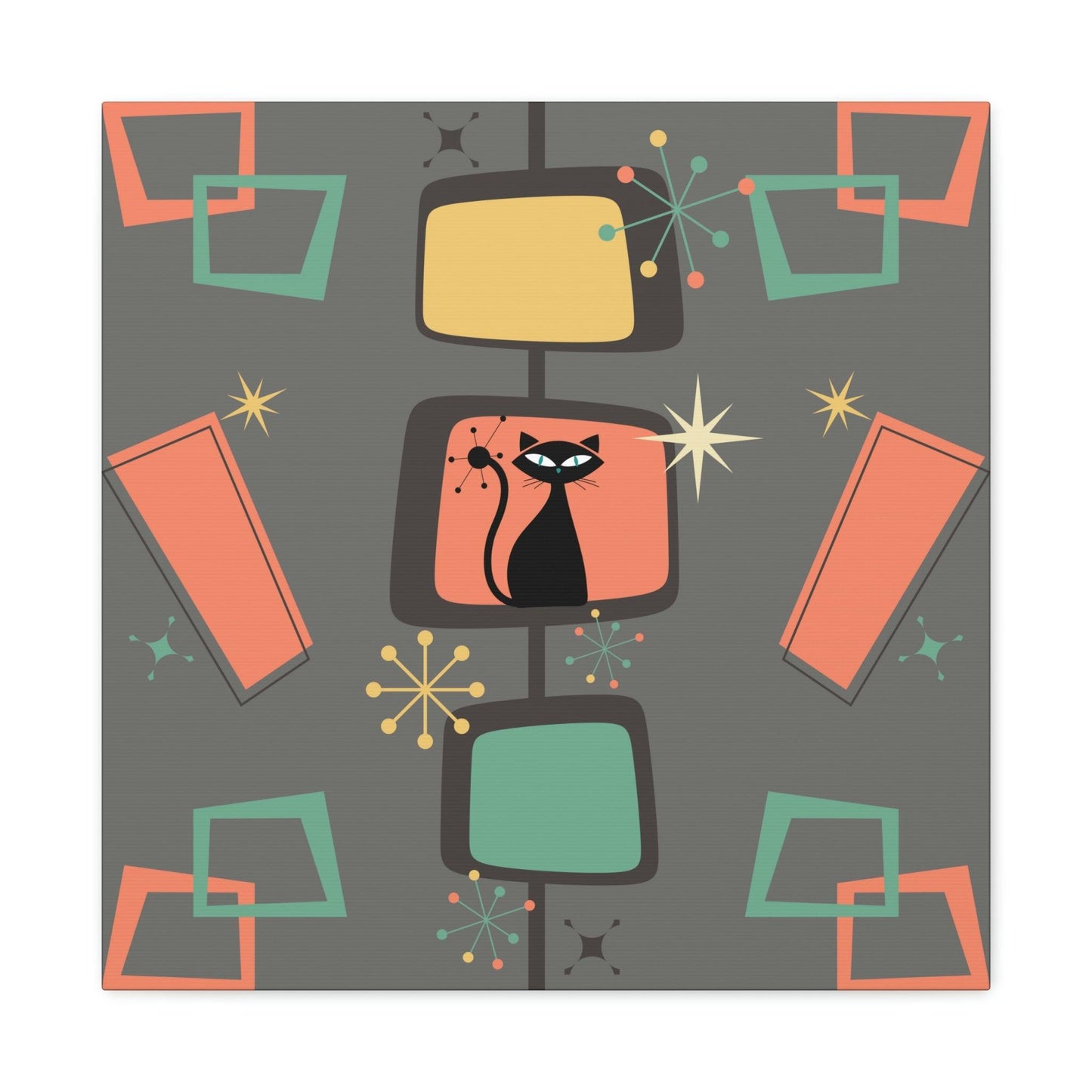 Retro Atomic Cat Mid Century Burst Chic Coral & Gray Canvas Gallery Wrap | lovevisionkarma.com