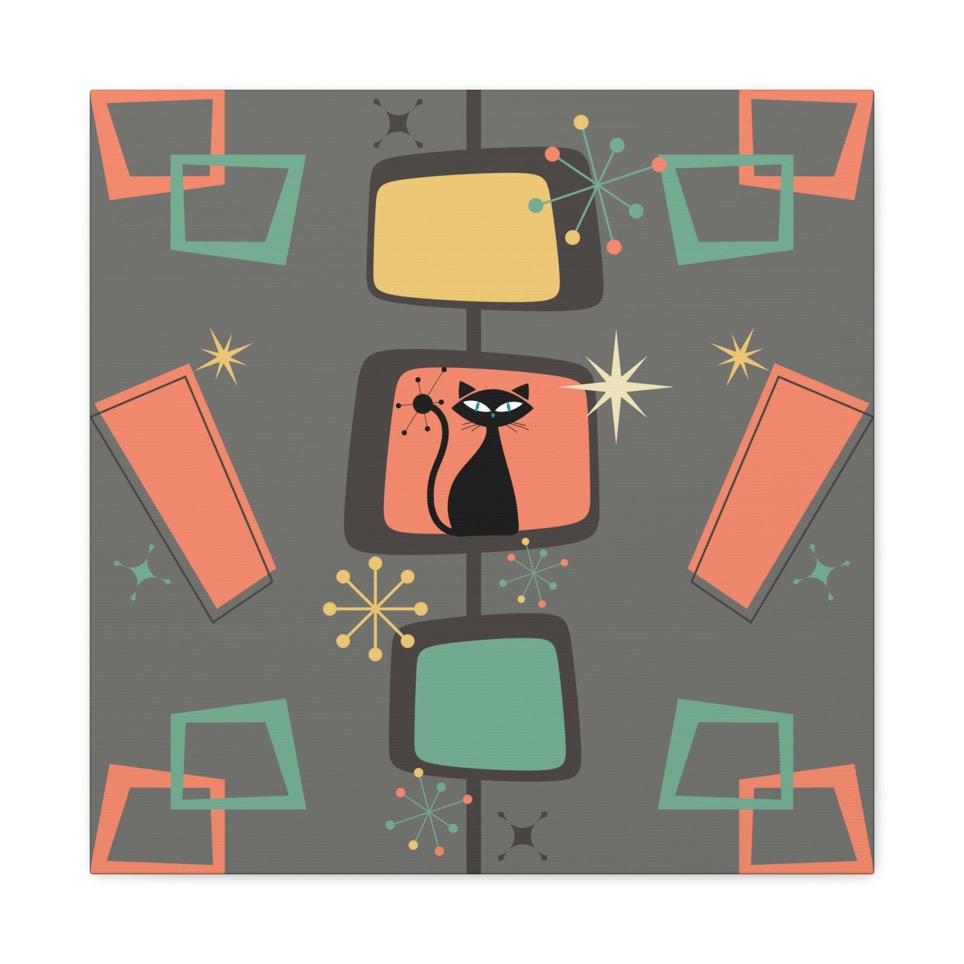 Retro Atomic Cat Mid Century Burst Chic Coral & Gray Canvas Gallery Wrap | lovevisionkarma.com