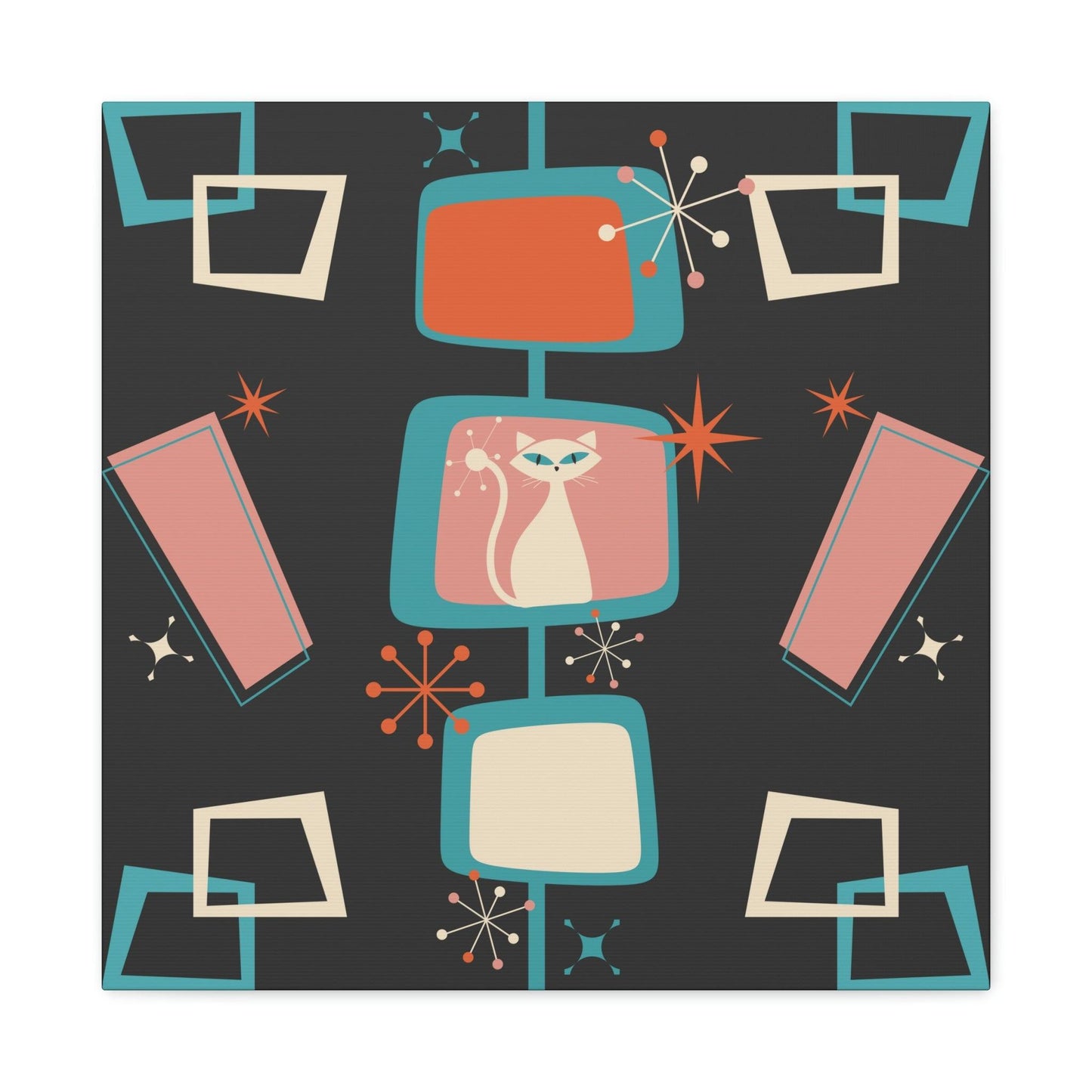 Mid Century Atomic White Cat & Starburst Multicolor Canvas Gallery Wrap | lovevisionkarma.com