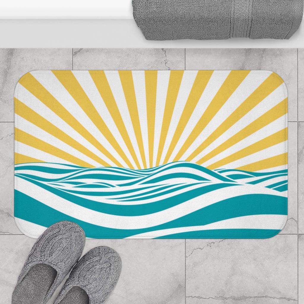 Minimalist Boho Sunrise Yellow, Blue & White Bath Mat | lovevisionkarma.com