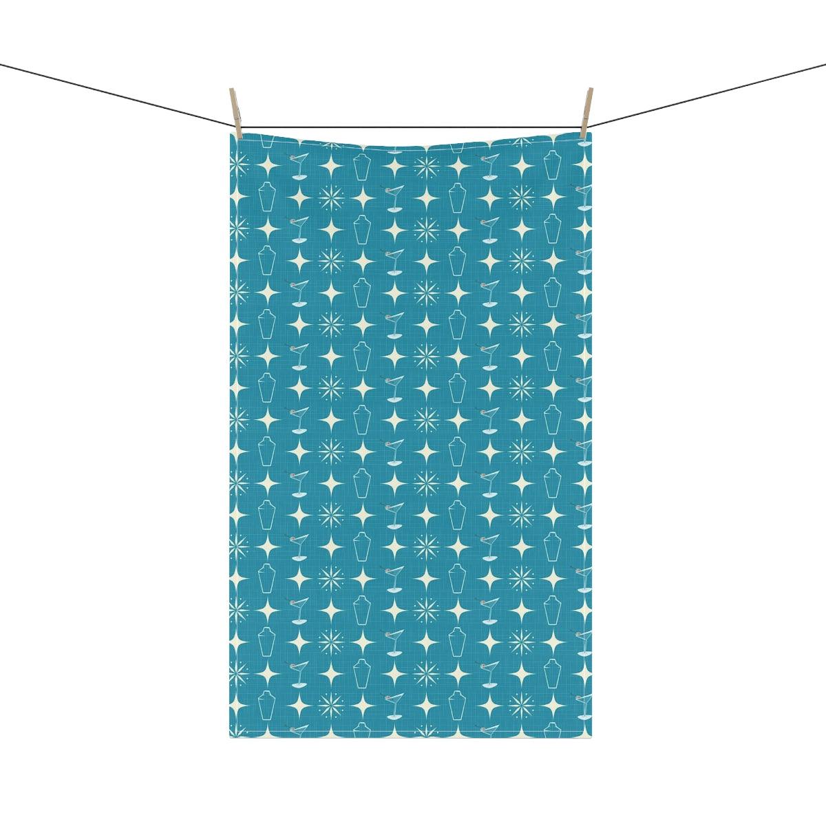 Retro Atomic Burst, Martini & Shaker MCM Blue Tea Towel | lovevisionkarma.com