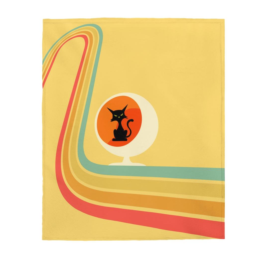 Retro Atomic Cat in Ball Chair MCM Yellow Lightweight Velveteen Blanket | lovevisionkarma.com