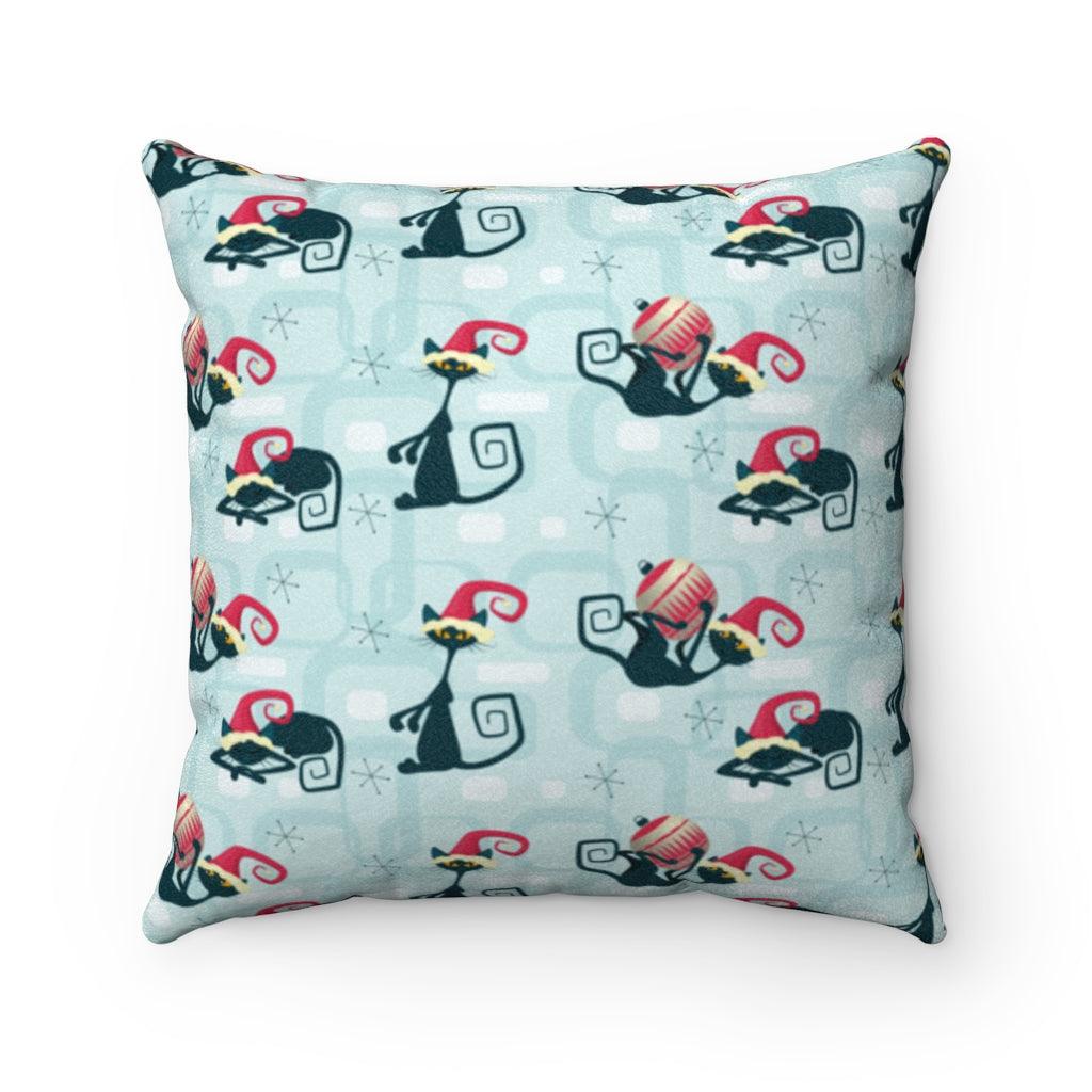 Mid Century Cats Atomic Christmas Blue Pillow | lovevisionkarma.com
