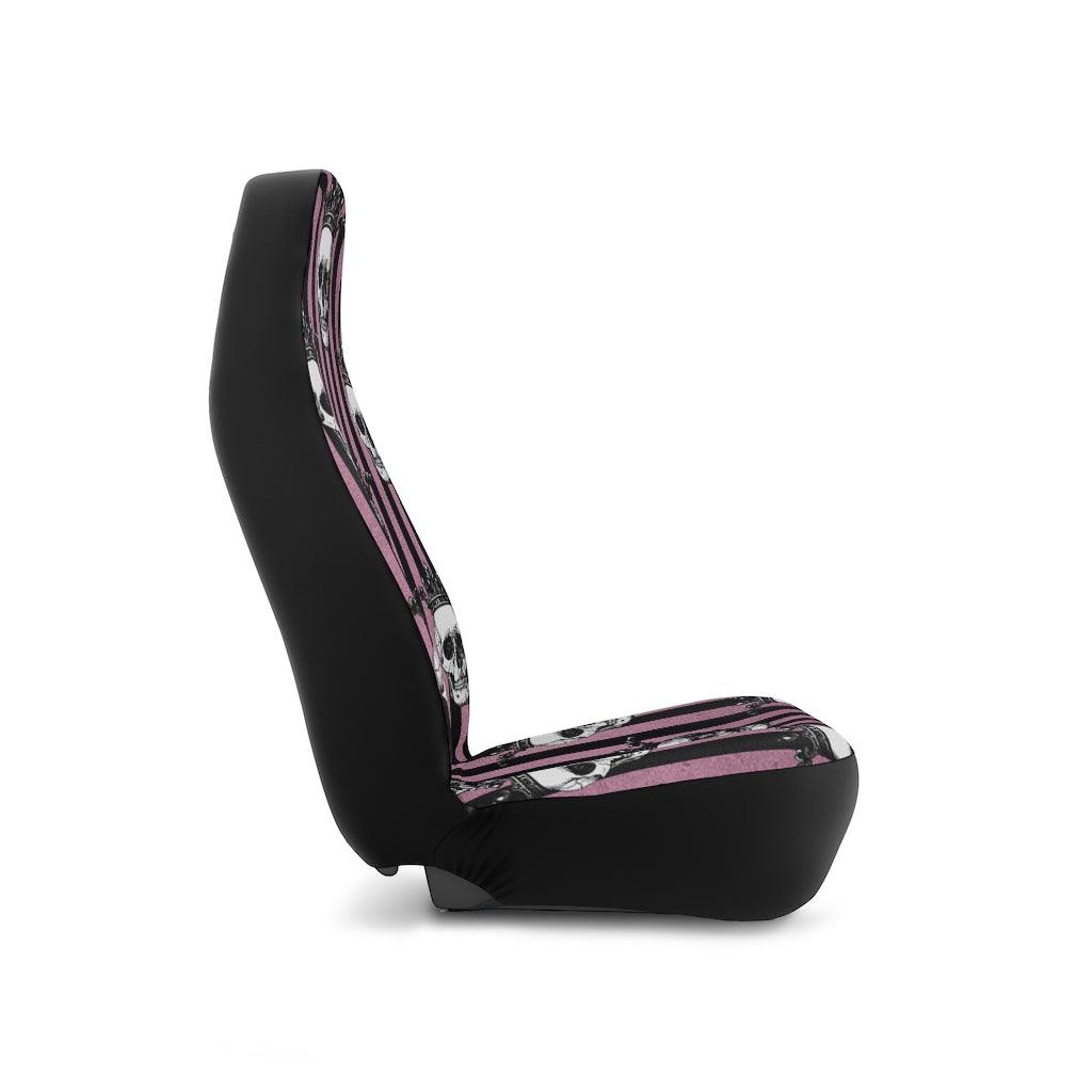 Skulls with Crowns Glam Goth Pink & Black Striped Car Seat Covers | lovevisionkarma.com