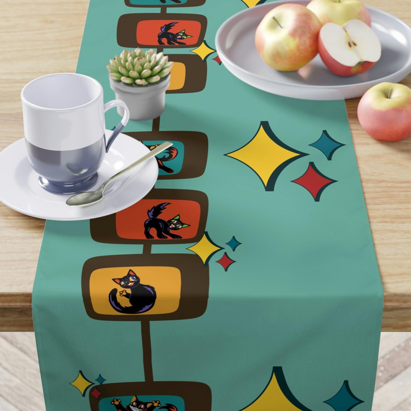 Retro Kitsch Cats Mid Century Mod Blue Table Runner | lovevisionkarma.com