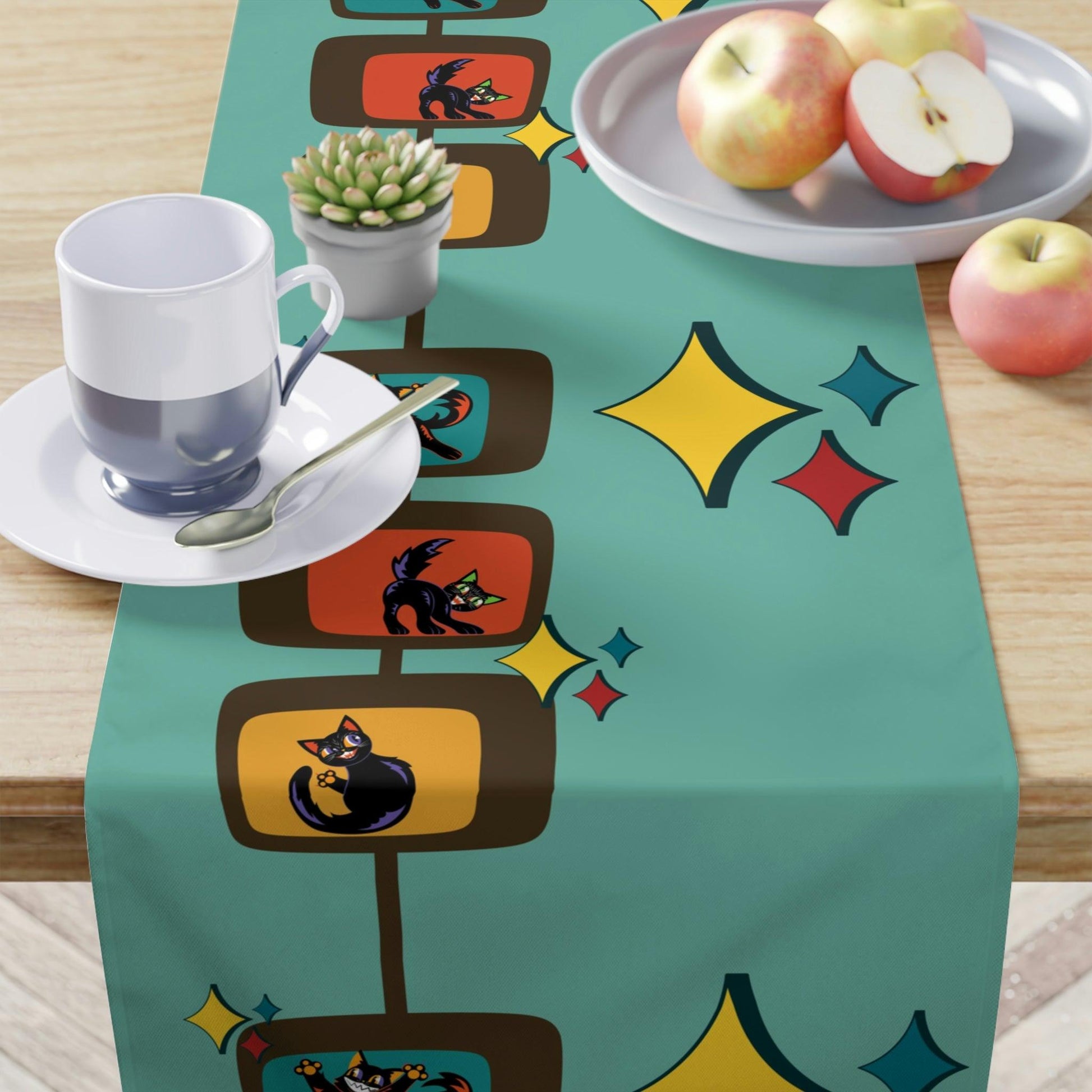 Retro Kitsch Cats Mid Century Mod Blue Table Runner | lovevisionkarma.com