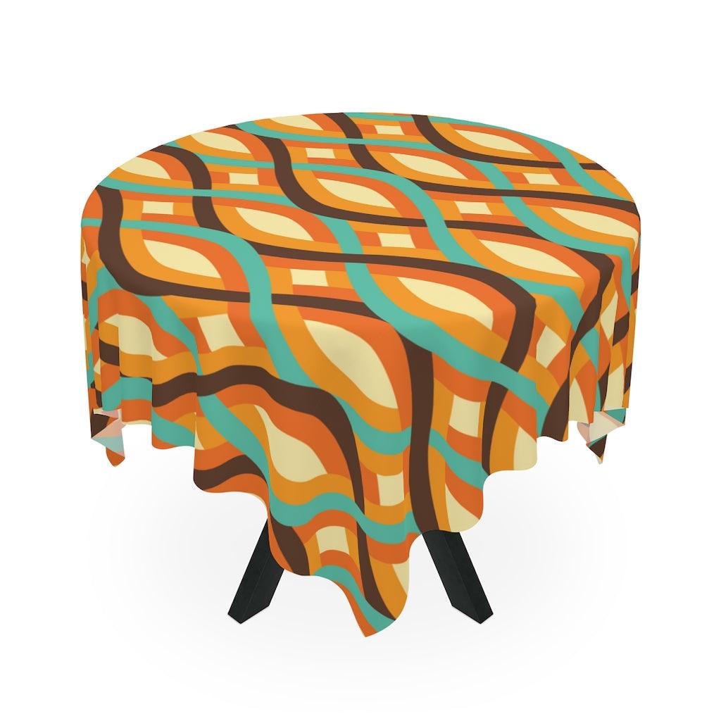 Retro Geometric Waves Mid Century Mod Brown and Orange Tablecloth | lovevisionkarma.com