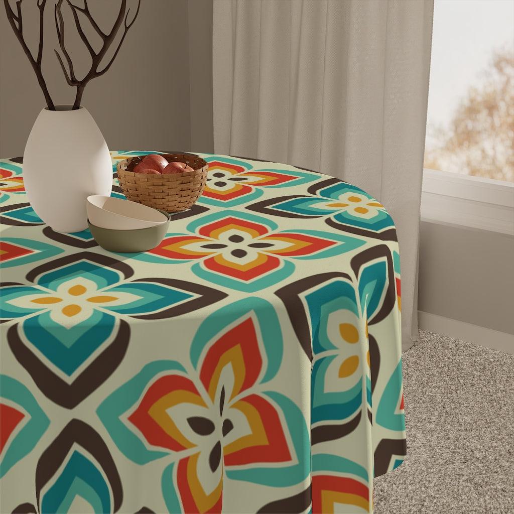 Retro Geo Flowers Blue & Orange Mid Century Mod Tablecloth | lovevisionkarma.com