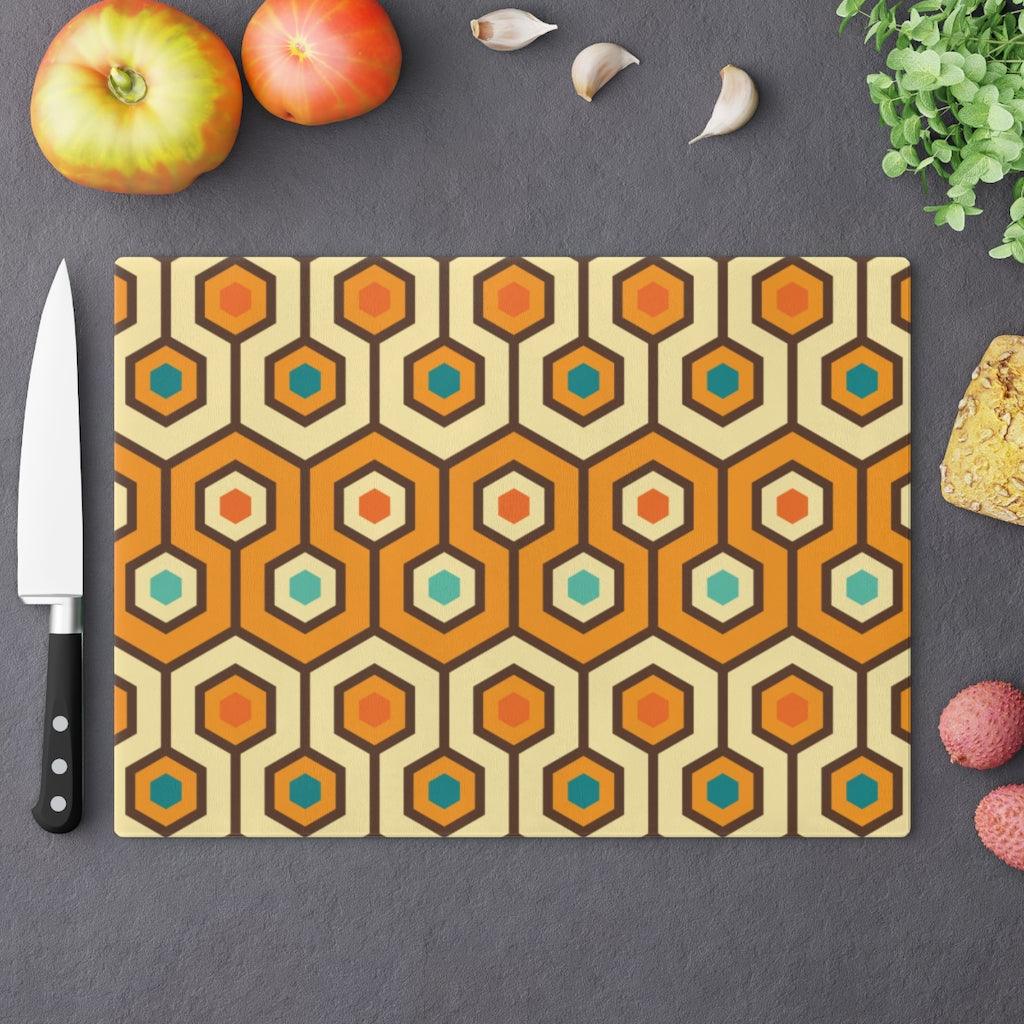 Mid Century Modern Retro Geometric Orange/Cream Glass Cutting Board | lovevisionkarma.com