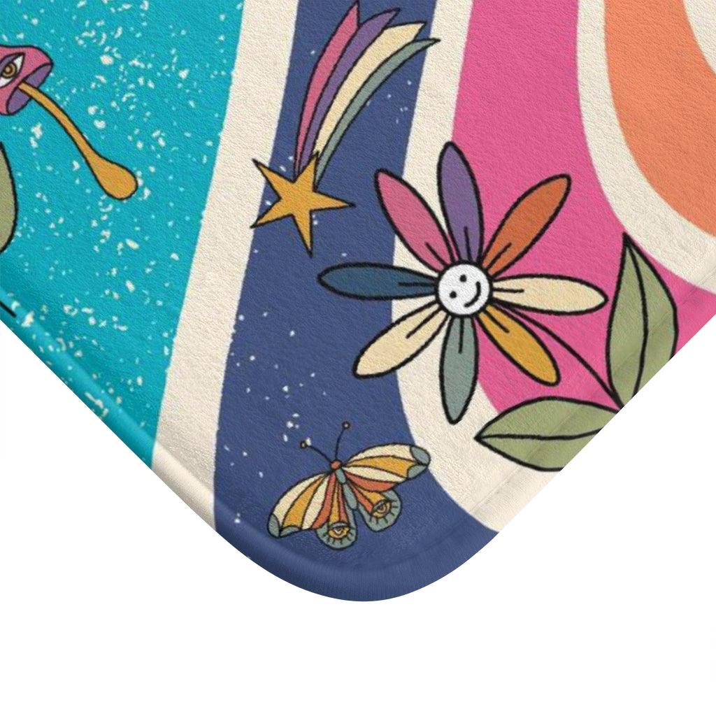 Groovy Hippie Flowers and Boho Mushrooms Colorful Bath Mat | lovevisionkarma.com