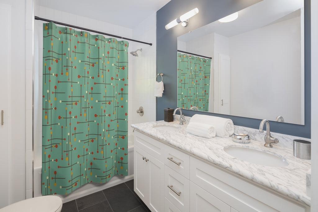 Mid Century Modern Lines Eames Inspired Teal Shower Curtain | lovevisionkarma.com