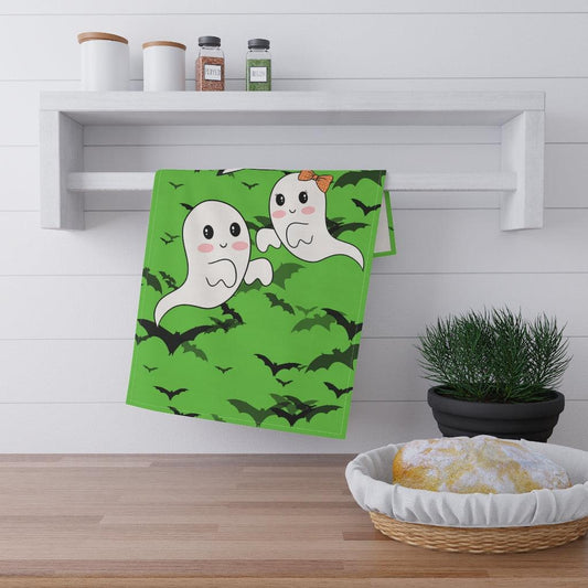 Hey Boo, Cute Kawaii Ghosts & Bats Halloween Green Tea Towel | lovevisionkarma.com
