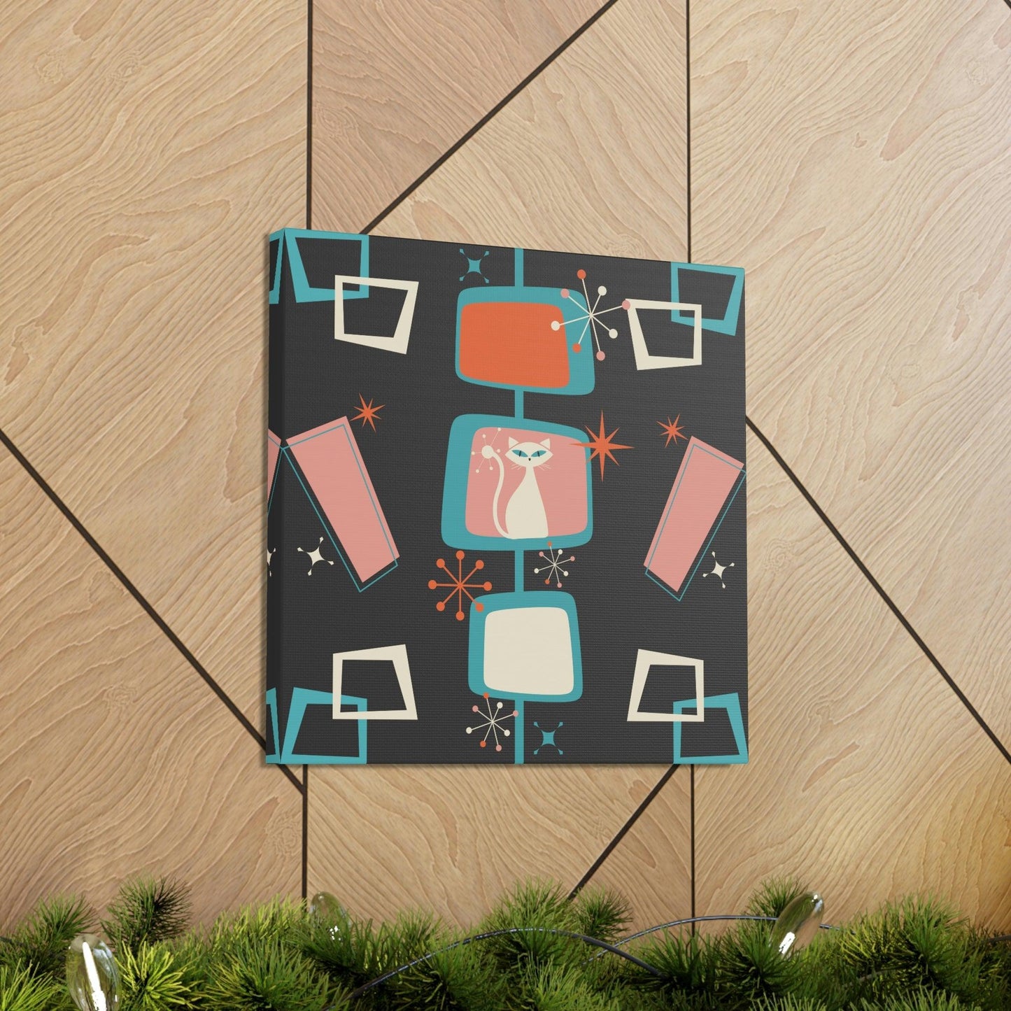 Mid Century Atomic White Cat & Starburst Multicolor Canvas Gallery Wrap | lovevisionkarma.com