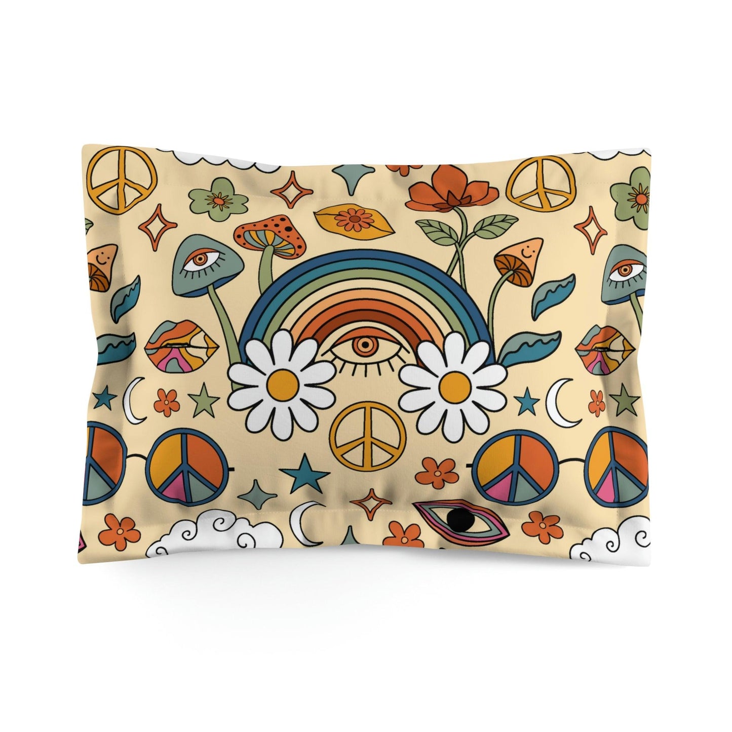 Boho Trippy Mushroom, Rainbow & Eye Hippie Cottagecore MCM Pillow Sham | lovevisionkarma.com