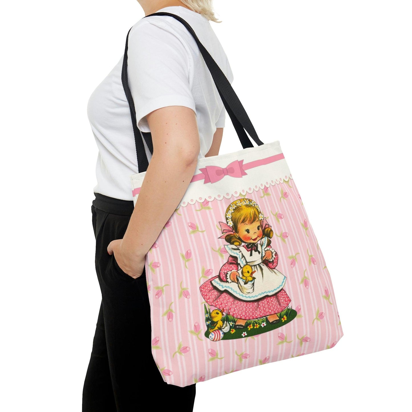 Vintage Kitsch Girl with Chicks MCM Easter Pink Tote Bag | lovevisionkarma.com