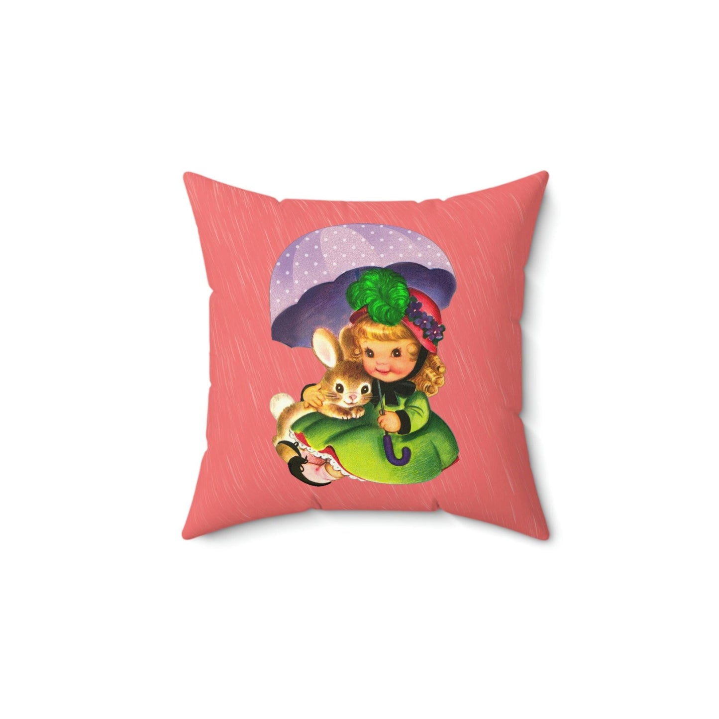 Vintage Easter, Girl with Bunny Kitschy Cute Coral MCM Throw Pillow | lovevisionkarma.com