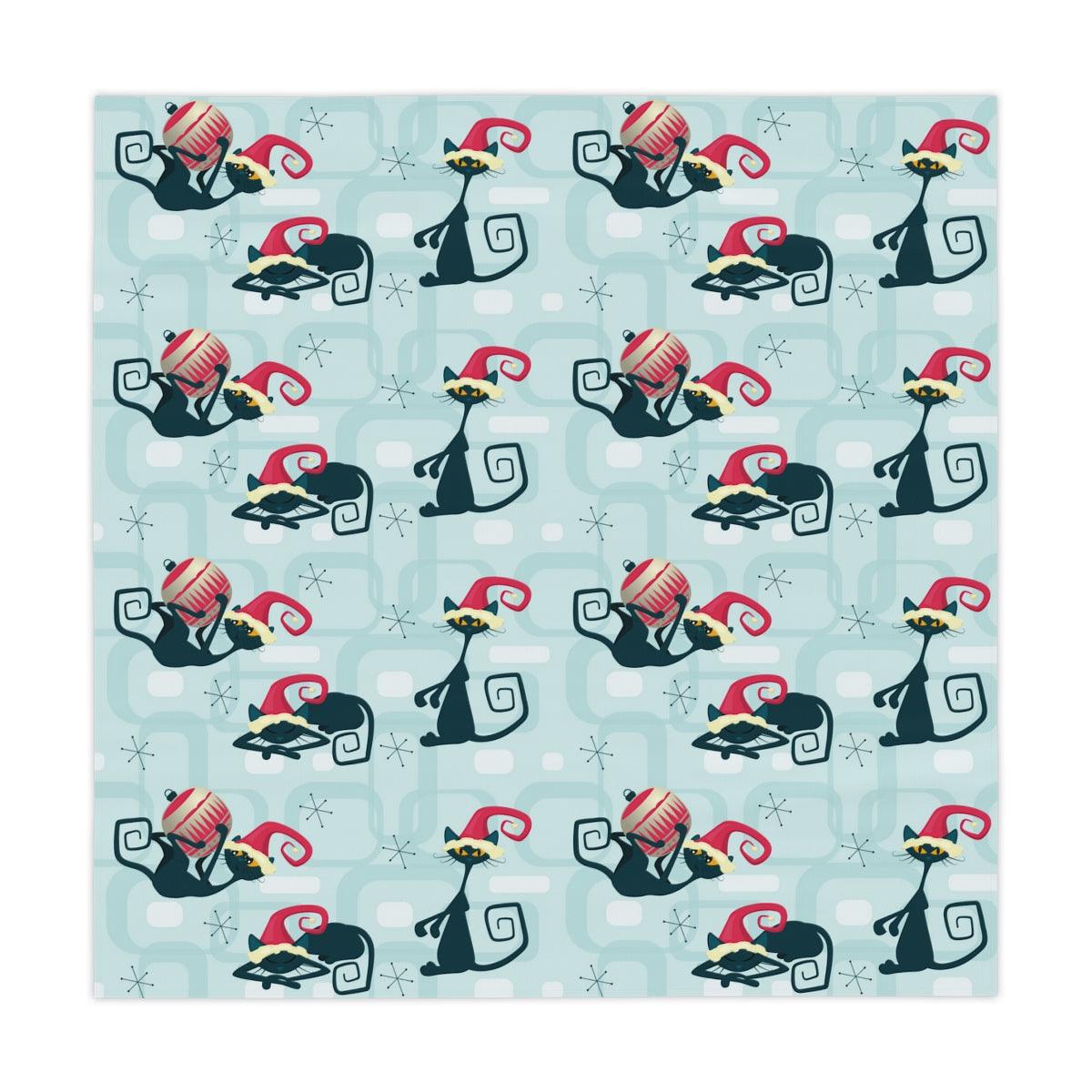 Christmas Atomic Cat MCM Blue Festive Tablecloth | lovevisionkarma.com