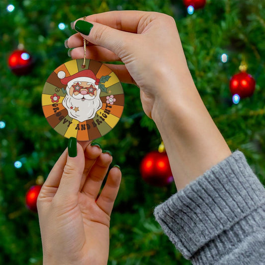 Groovy Santa Retro Style Hippie Christmas Ceramic Ornament | lovevisionkarma.com