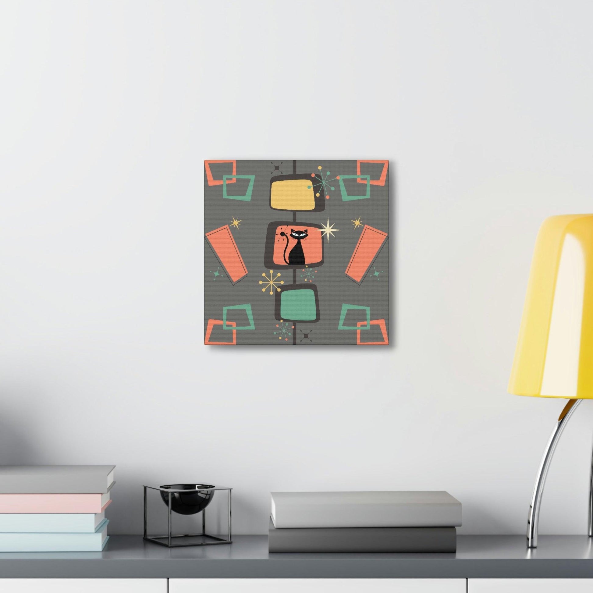 Retro Atomic Cat Mid Century Burst Chic Coral & Gray Canvas Gallery Wrap | lovevisionkarma.com