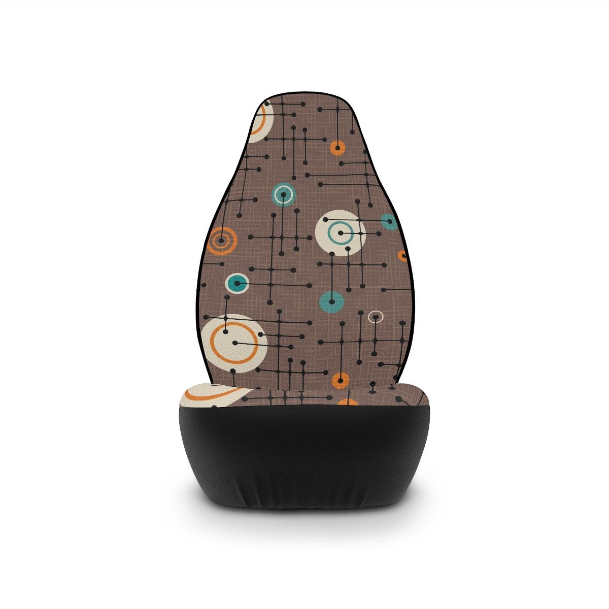 Mid Century Modern Lines & Circles Brown Retro Style Car Seat Covers | lovevisionkarma.com
