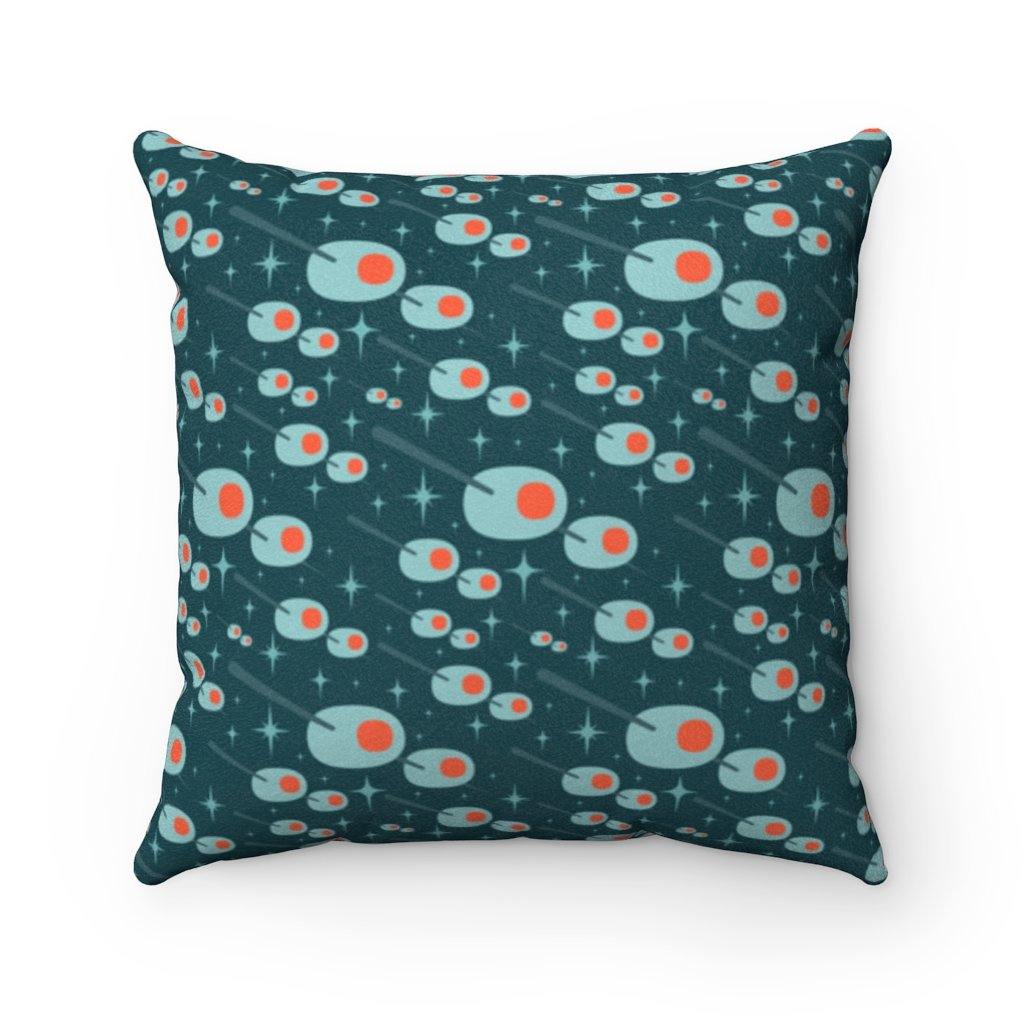 Atomic Martini Olives Mid Century Blue Pillow | lovevisionkarma.com