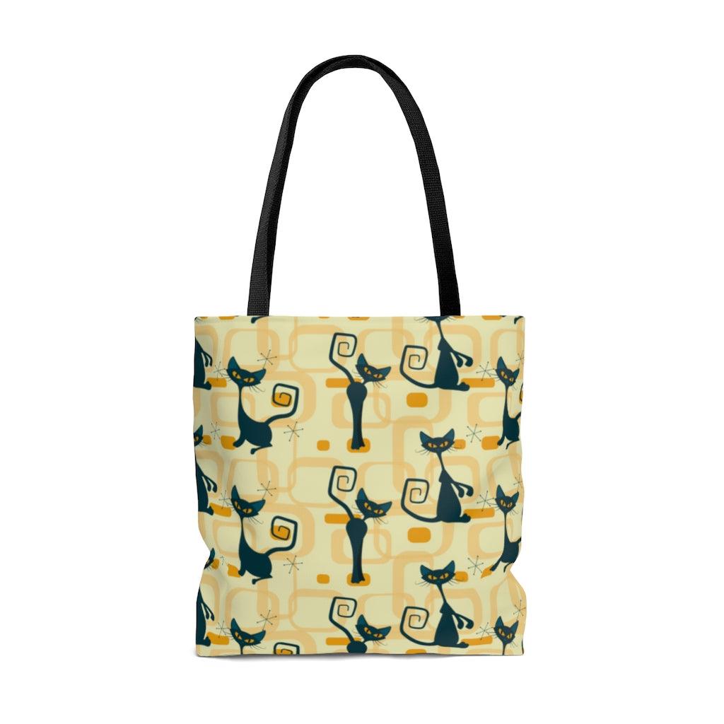 Retro Atomic Cats MCM Yellow Tote Bag | lovevisionkarma.com