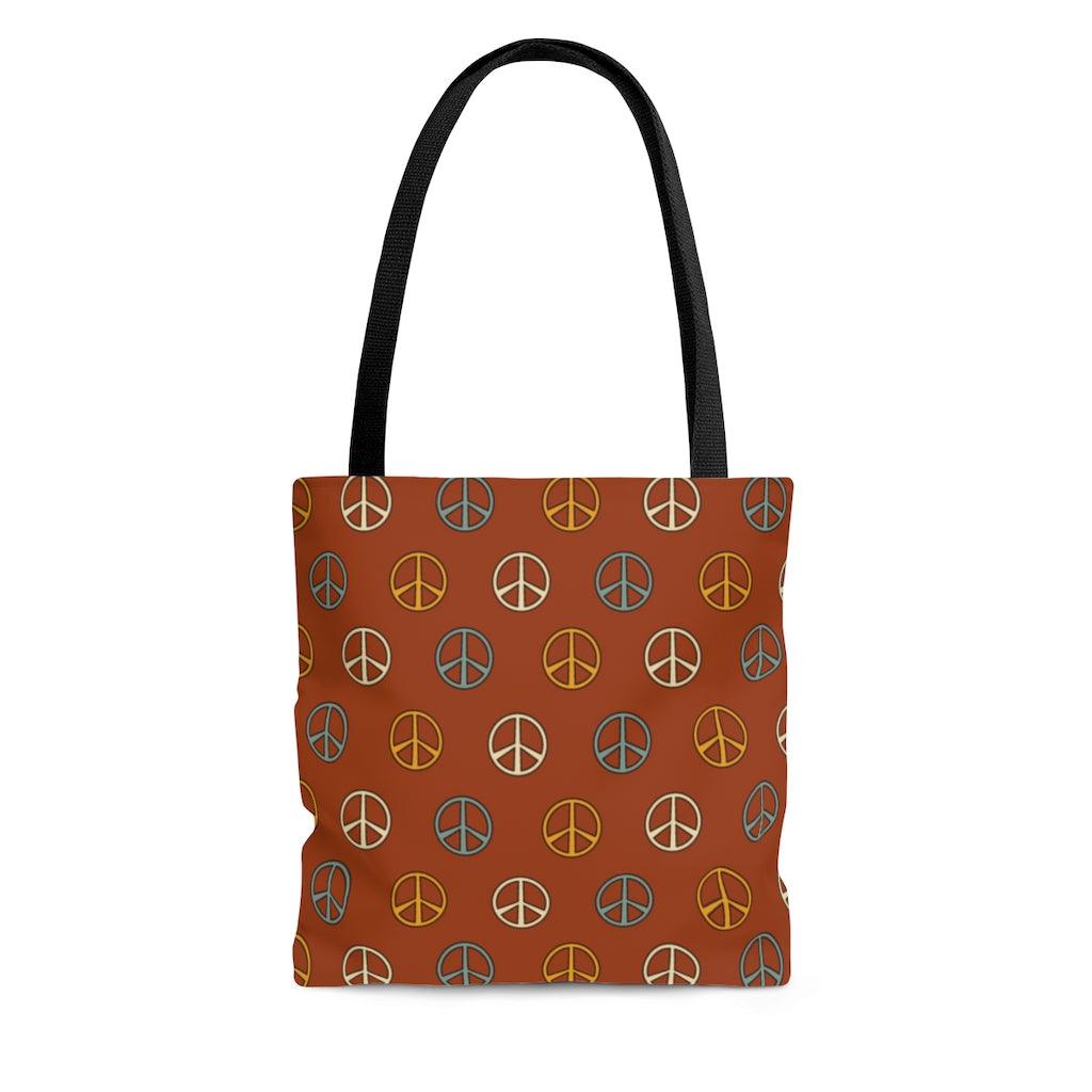 Boho Peace Sign Rust Color Hippie MCM Tote Bag | lovevisionkarma.com