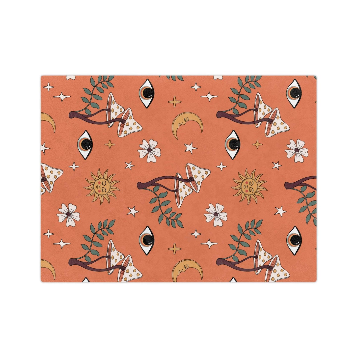 Boho Mushroom, Eye, Sun, Moon & Stars MCM Coral Orange Velveteen Minky Blanket | lovevisionkarma.com