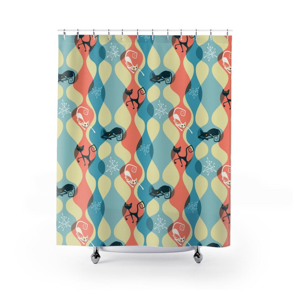 Retro Mid Century Atomic Cat Multicolor Shower Curtain | lovevisionkarma.com