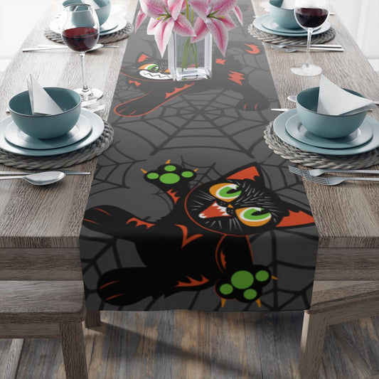 Retro Mid Century Black Cats Halloween Table Runner | lovevisionkarma.com