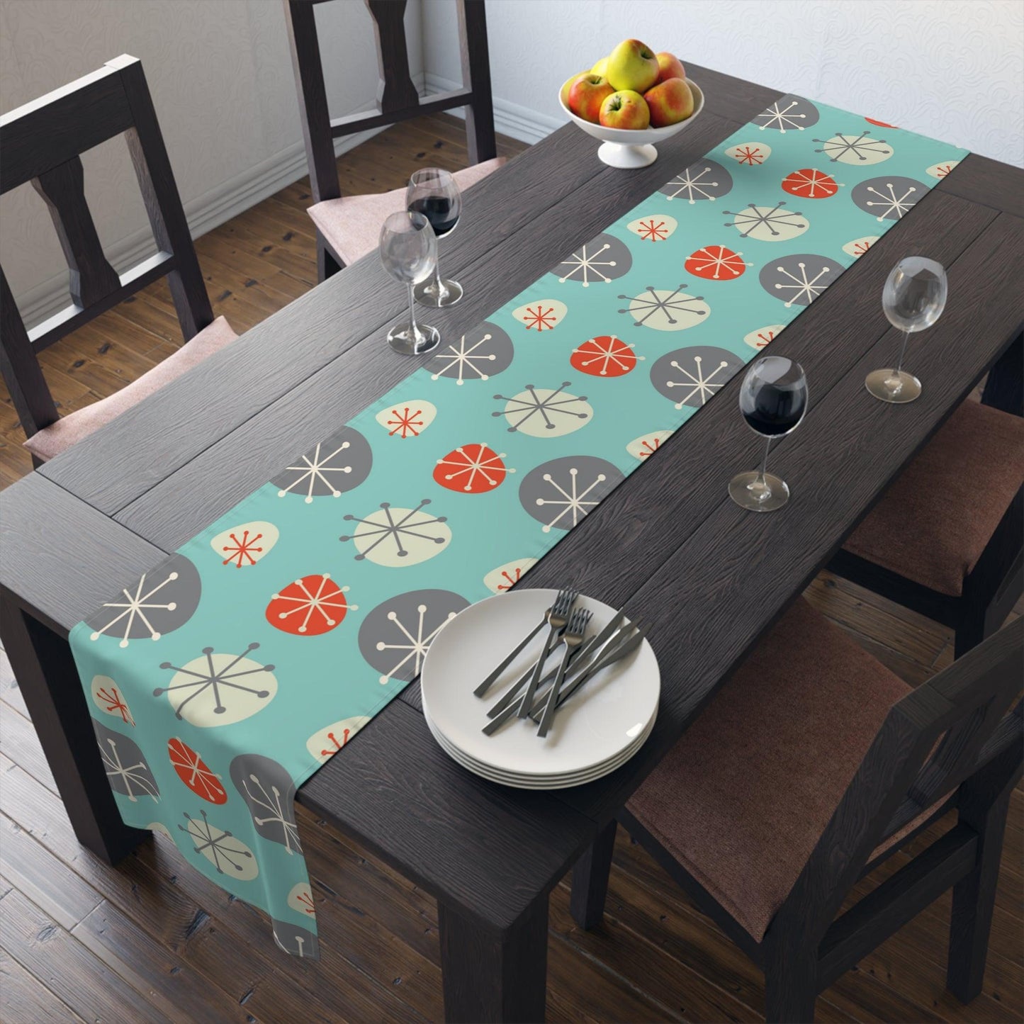 Mid Century Mod Christmas Table Runner, Blue, Grey and Orange Starbursts | lovevisionkarma.com