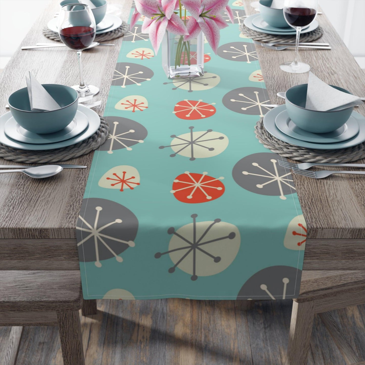 Mid Century Mod Christmas Table Runner, Blue, Grey and Orange Starbursts | lovevisionkarma.com
