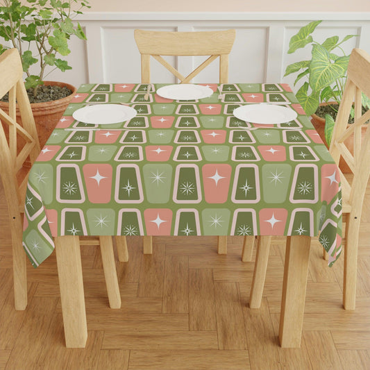 Retro 50s Atomic Age Starburst Mid Century Pink and Green Tablecloth | lovevisionkarma.com