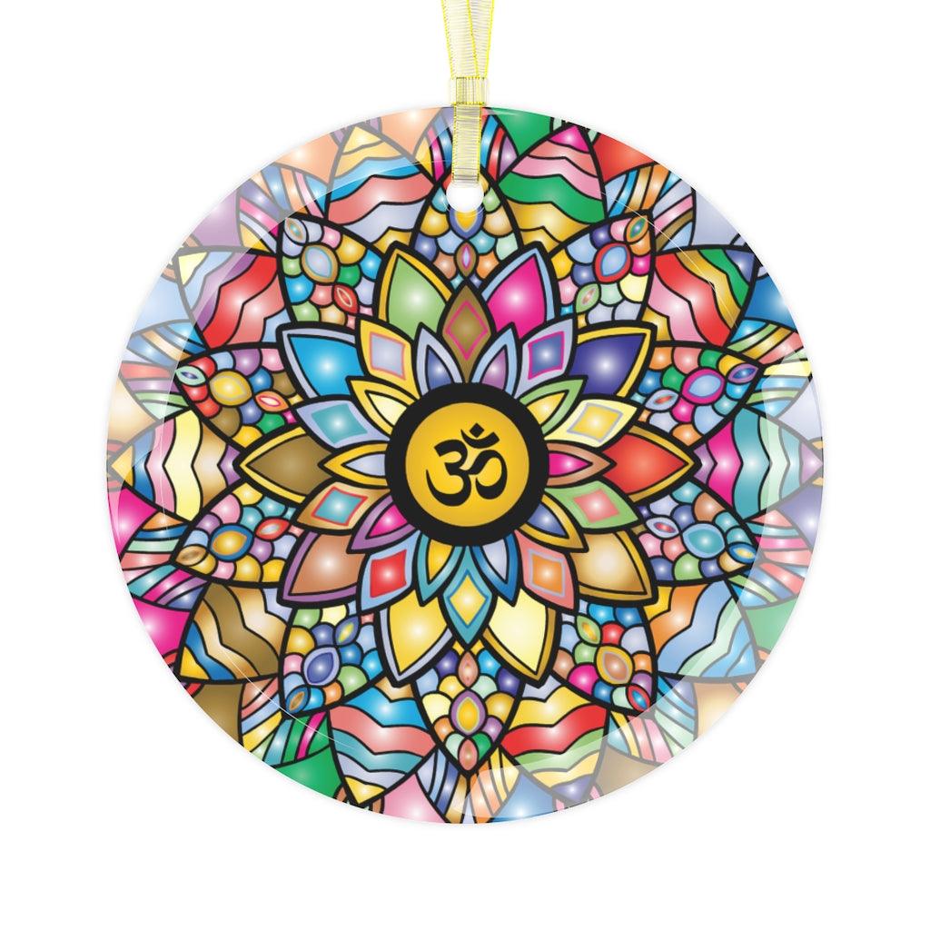 Om, Lotus Mandala Glass Ornament, Diwali Home Decor, Yoga Christmas Ornament | lovevisionkarma.com