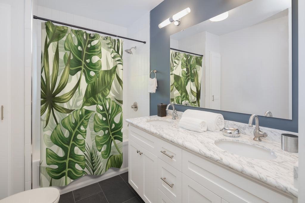 Vintage Monstera & Palm Leaf Tropical MCM Shower Curtain | lovevisionkarma.com