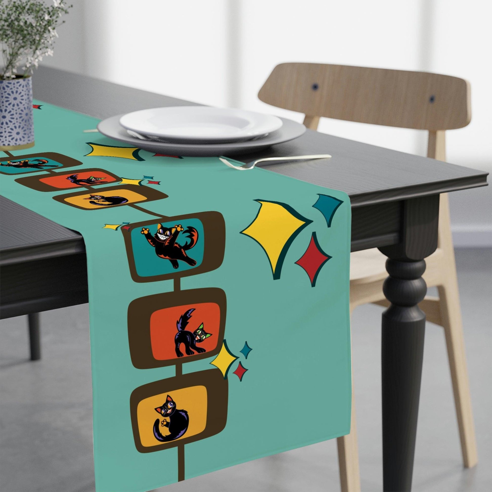 Retro Kitsch Cats Mid Century Mod Blue Table Runner | lovevisionkarma.com