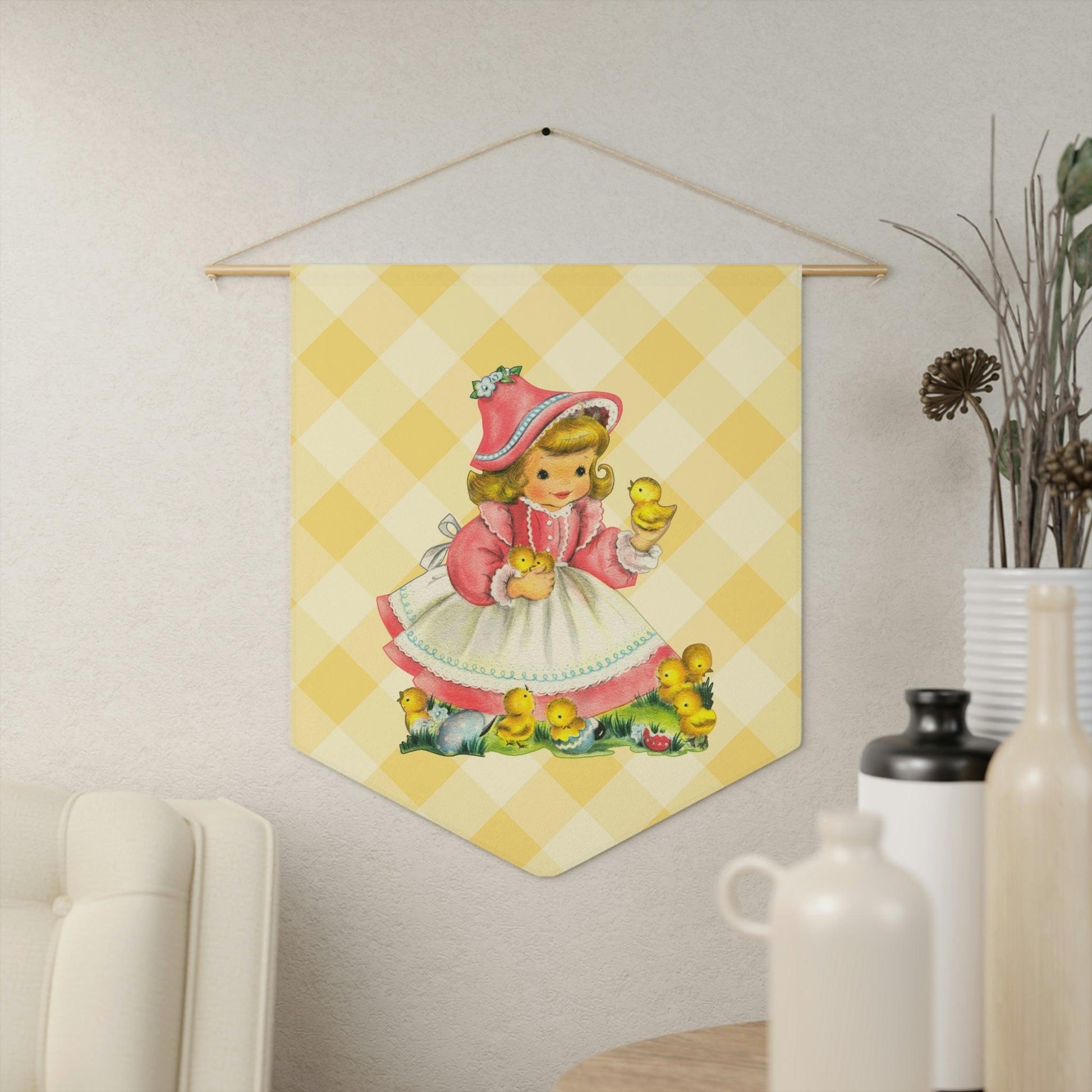 Vintage Easter Retro Girl with Chicks MCM Yellow Wall Pennant | lovevisionkarma.com
