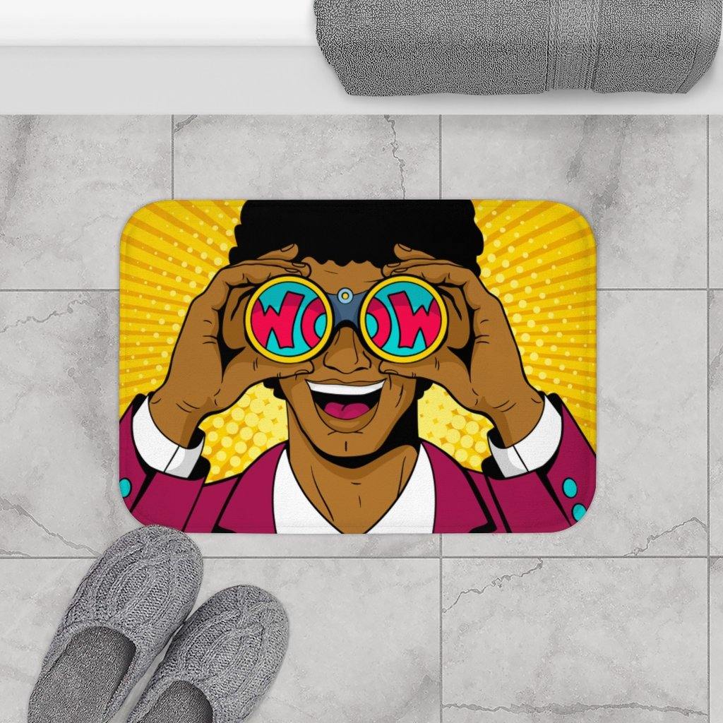"Wow" Binoculars Man Comic Pop Art Funny Bath Mat | lovevisionkarma.com