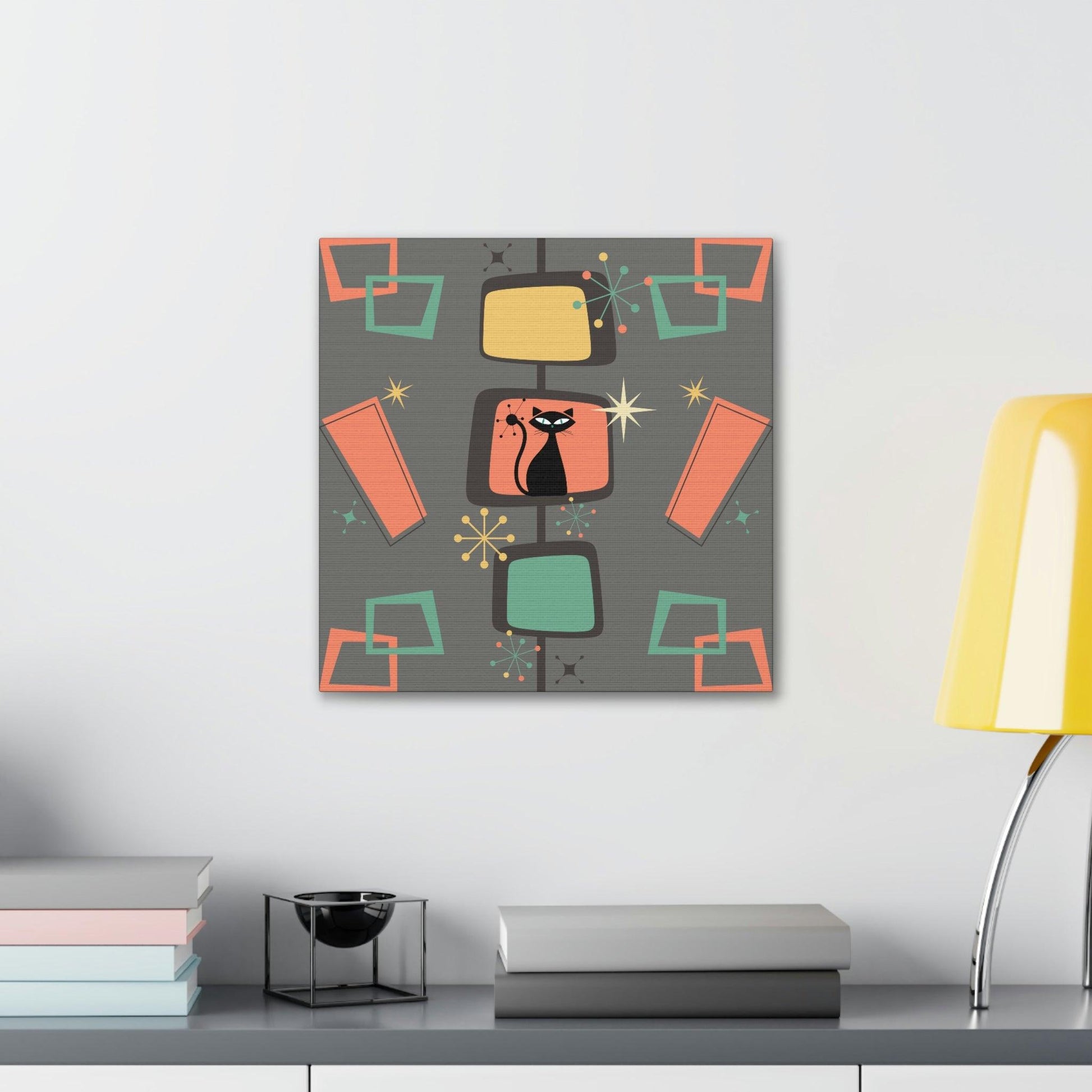 Retro Atomic Cat Mid Century Burst Chic Coral & Gray Canvas Gallery Wrap | lovevisionkarma.com