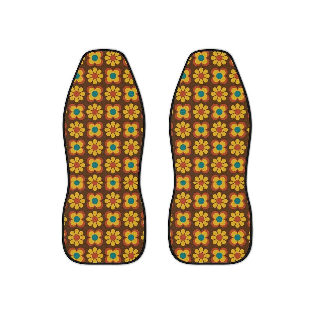 Retro Groovy Flowers Brown & Mustard MCM Car Seat Covers | lovevisionkarma.com