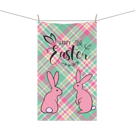 Happy Easter Pink Bunnies & Pastel Plaid Kitchen Tea Towel | lovevisionkarma.com